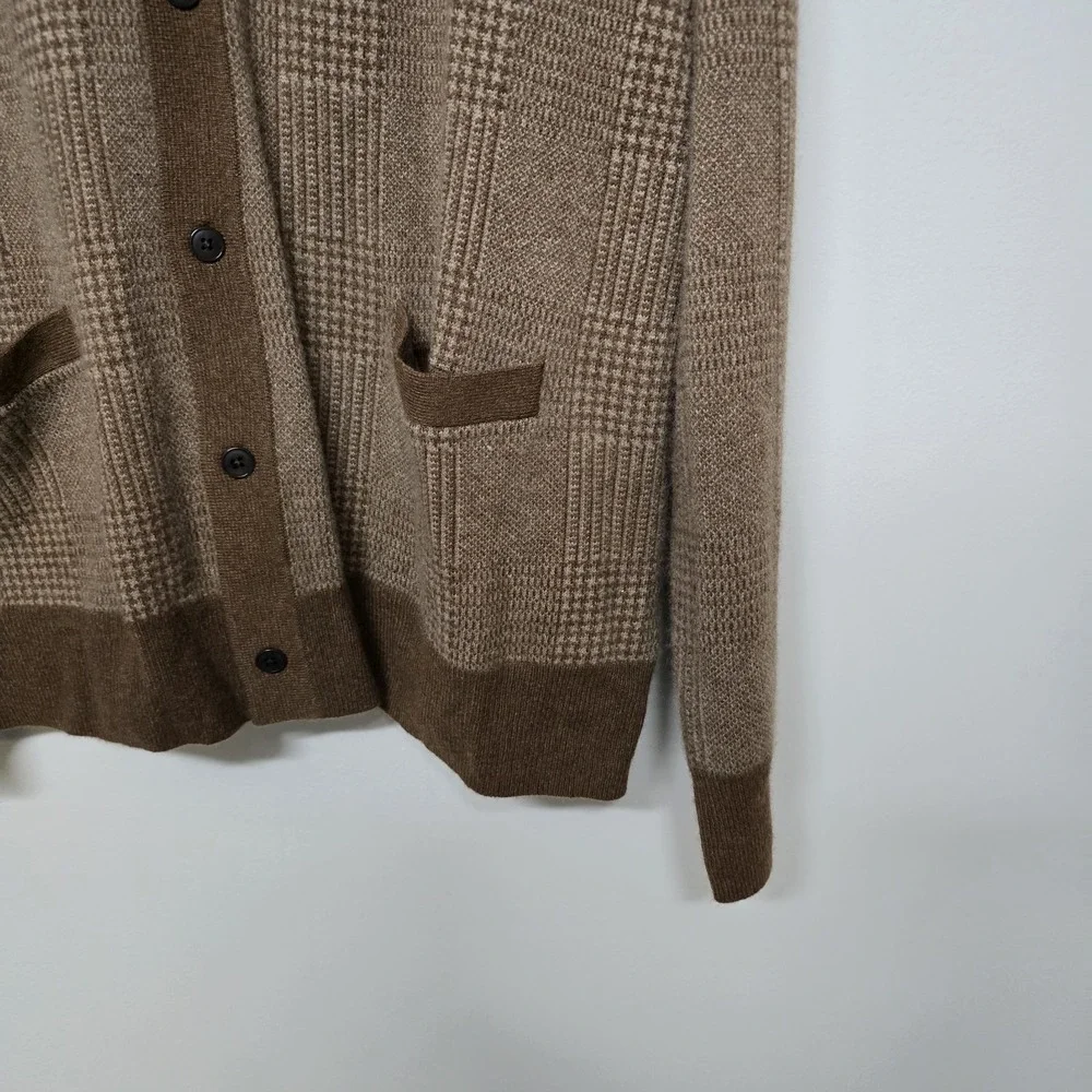 J. Crew Cashmere Cardigan Polo Button Up Sweater Brown Glen Plaid Sz XXL Dadcore